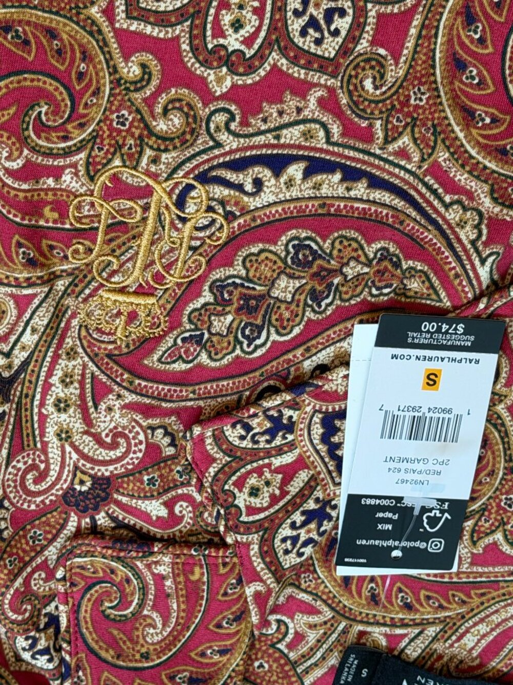 Ralph Lauren 2pc Pajama Set S NWT Red Gold Paisley Loungewear - Picture 9 of 9